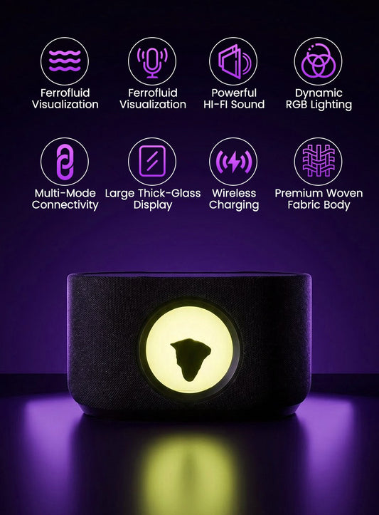 SoundFlux V2 ferrofluid speaker features: music visualizer, 30W Hi-Fi, RGB light, wireless charging