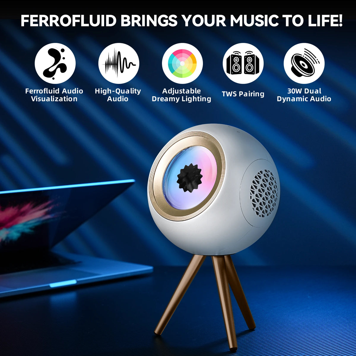 VENOM BALL white ferrofluid Bluetooth speaker features visualizer, RGB light and TWS pairing