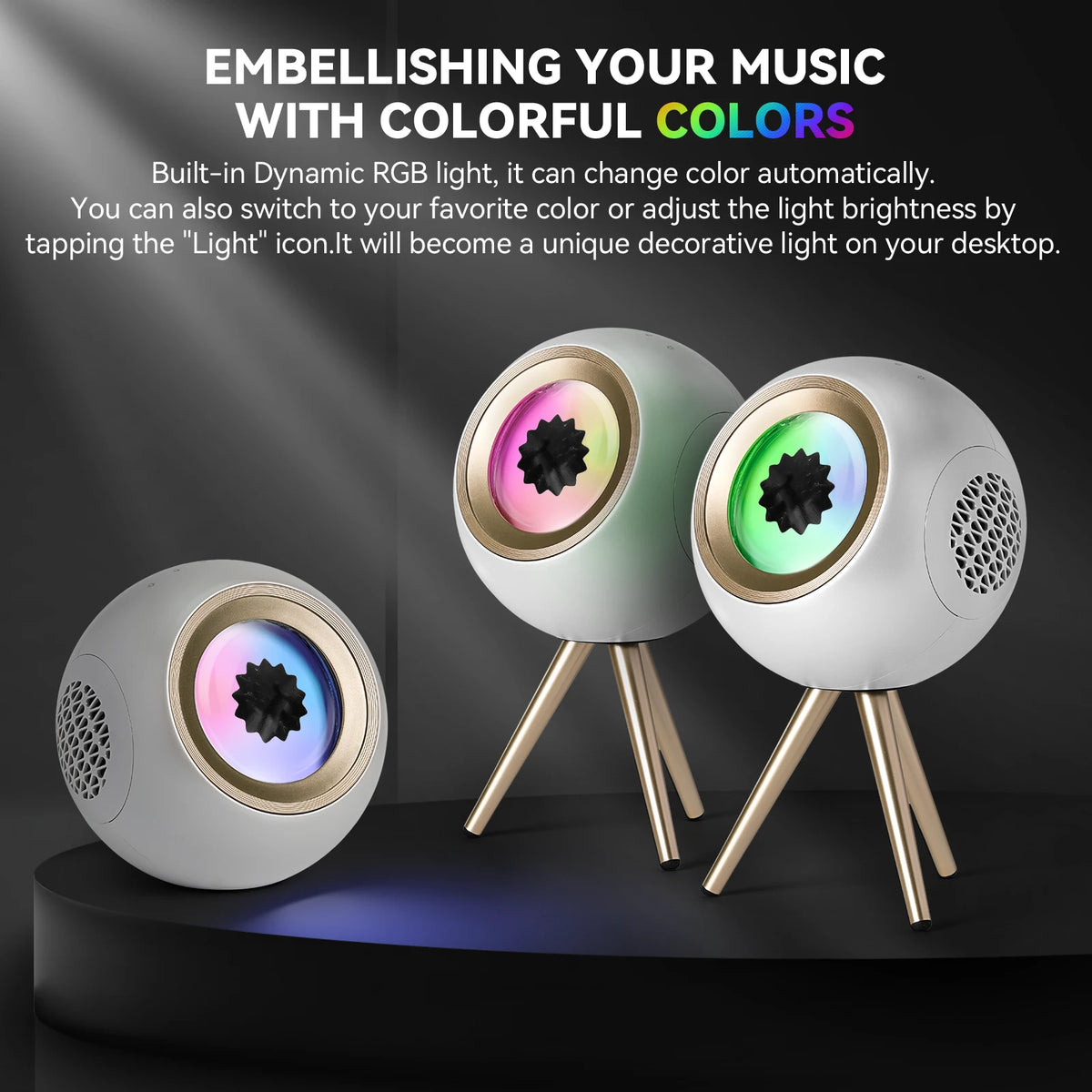 White VENOM BALL speaker with colorful RGB lighting on a desktop