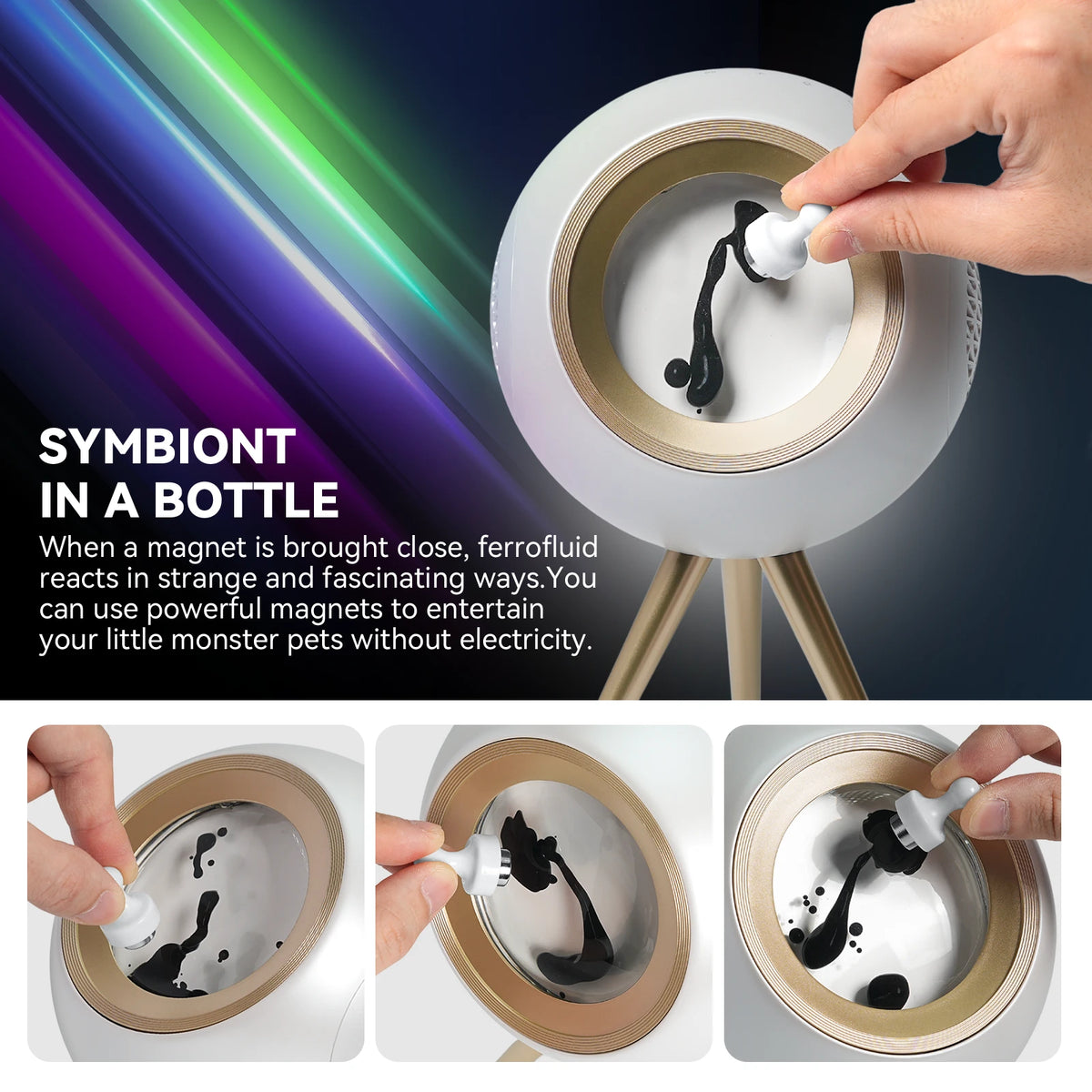 Interacting with white VENOM BALL ferrofluid using the included strong magnet