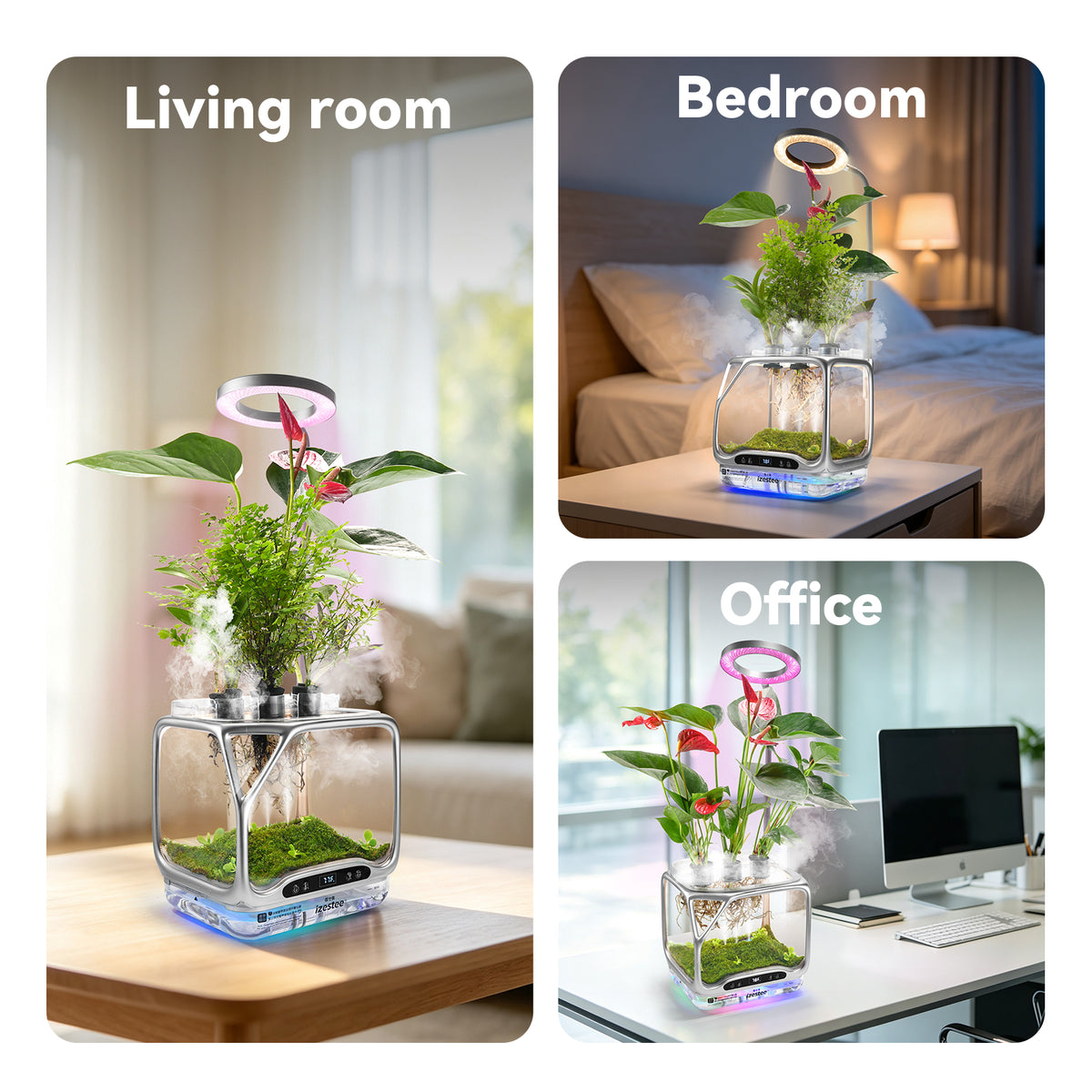 Aeroponic desktop garden as living room, bedroom nightstand and office desk decor with soft mist