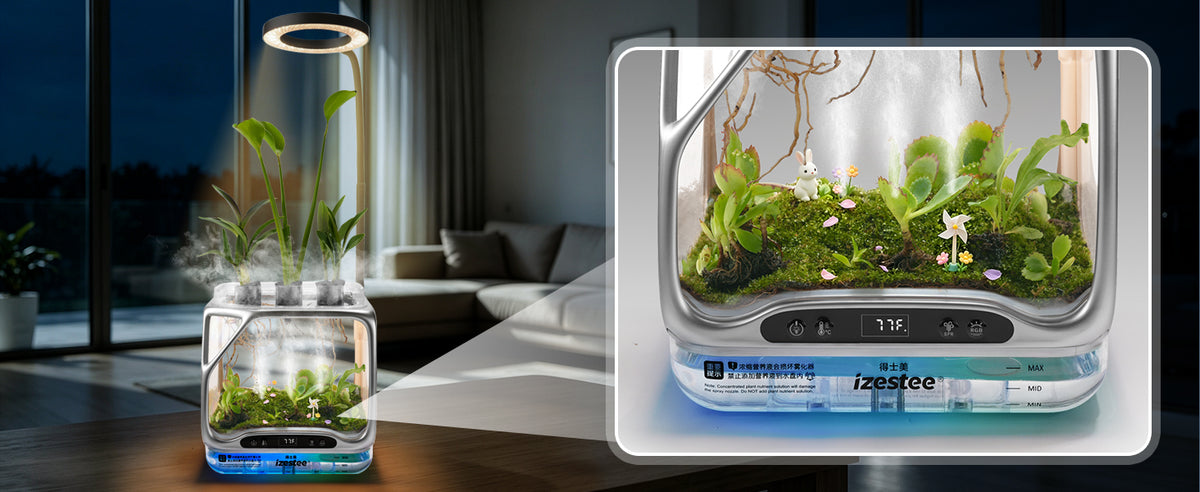 Night-time moss terrarium scene with white rabbit and windmill ornaments, warm ring light ambience