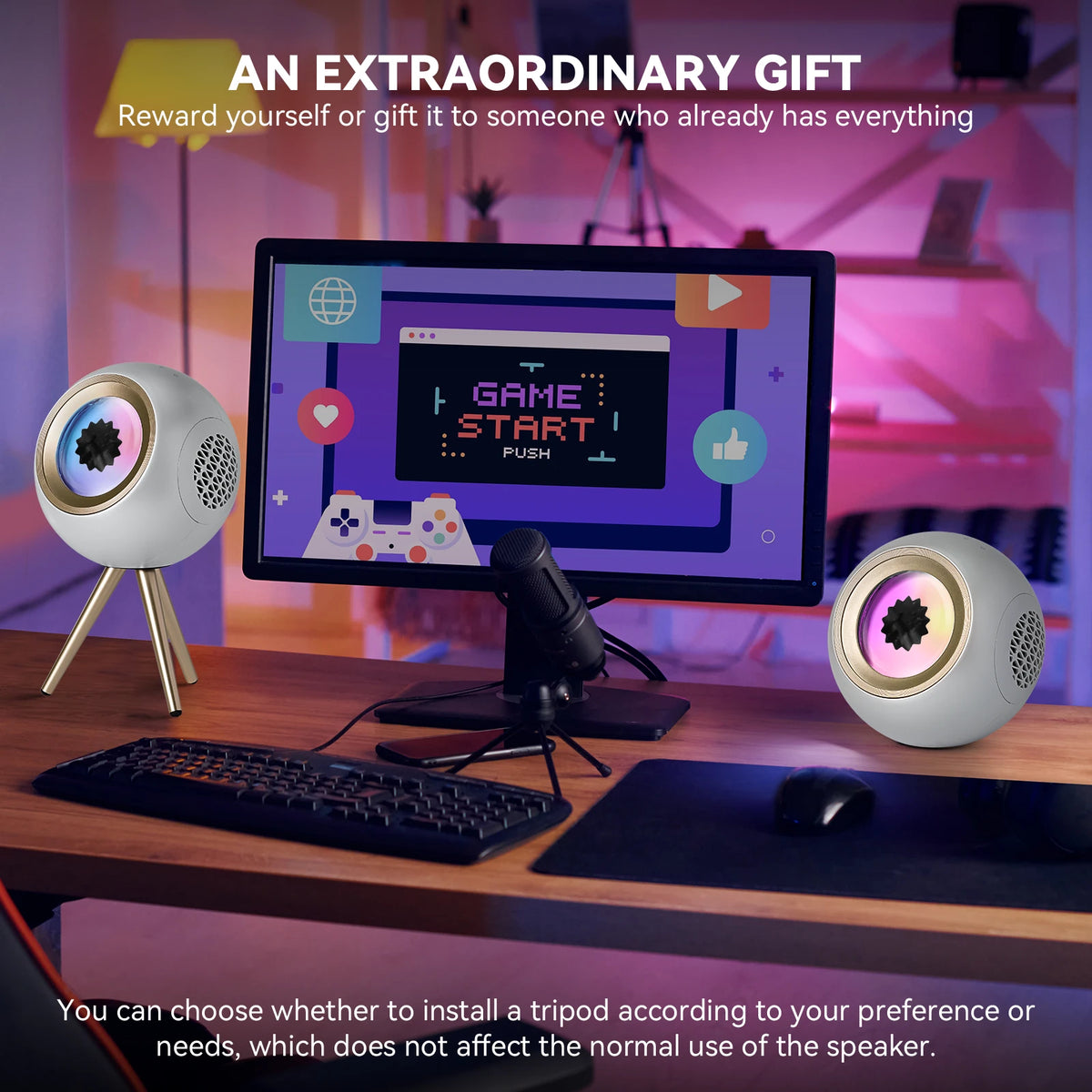White VENOM BALL ferrofluid speaker as novelty desk decor and an unusual tech gift in a gaming room setup