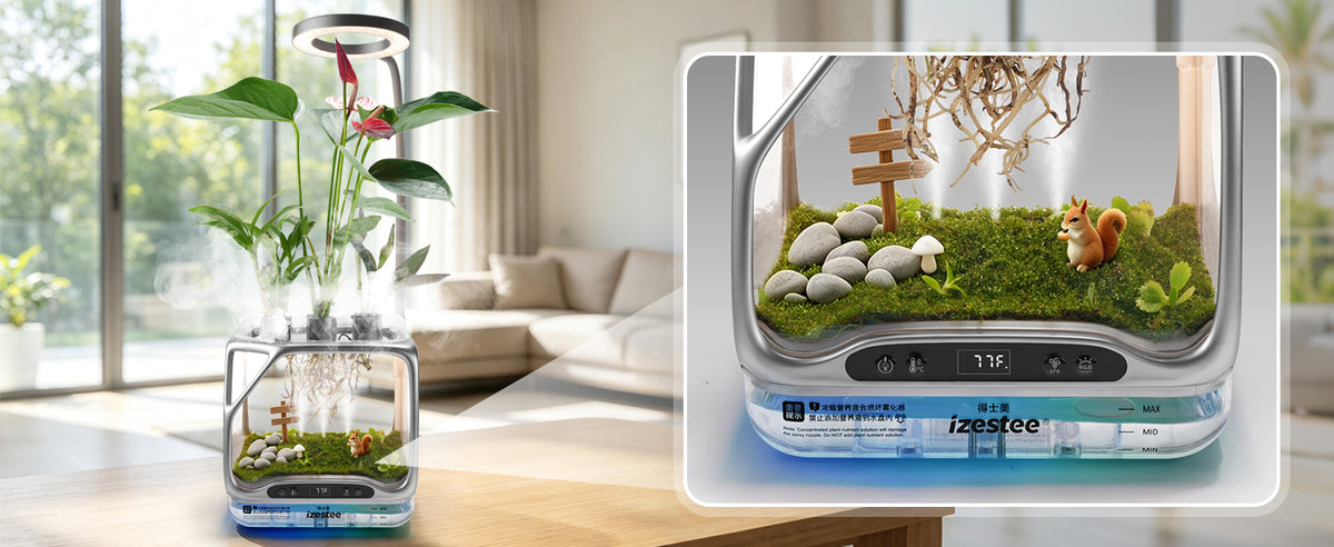 DIY terrarium landscape with squirrel figurine, wooden sign and mushrooms, living room decor idea