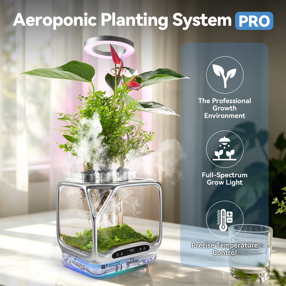 Smart aeroponic planting system Pro features full-spectrum grow light and precise temperature control