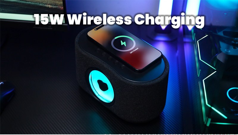 SoundFlux V2 ferrofluid Bluetooth speaker with 15W wireless phone charging pad on top