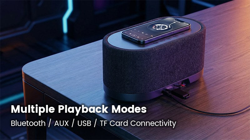 SoundFlux V2 multiple playback modes: Bluetooth, AUX, USB and TF card connectivity