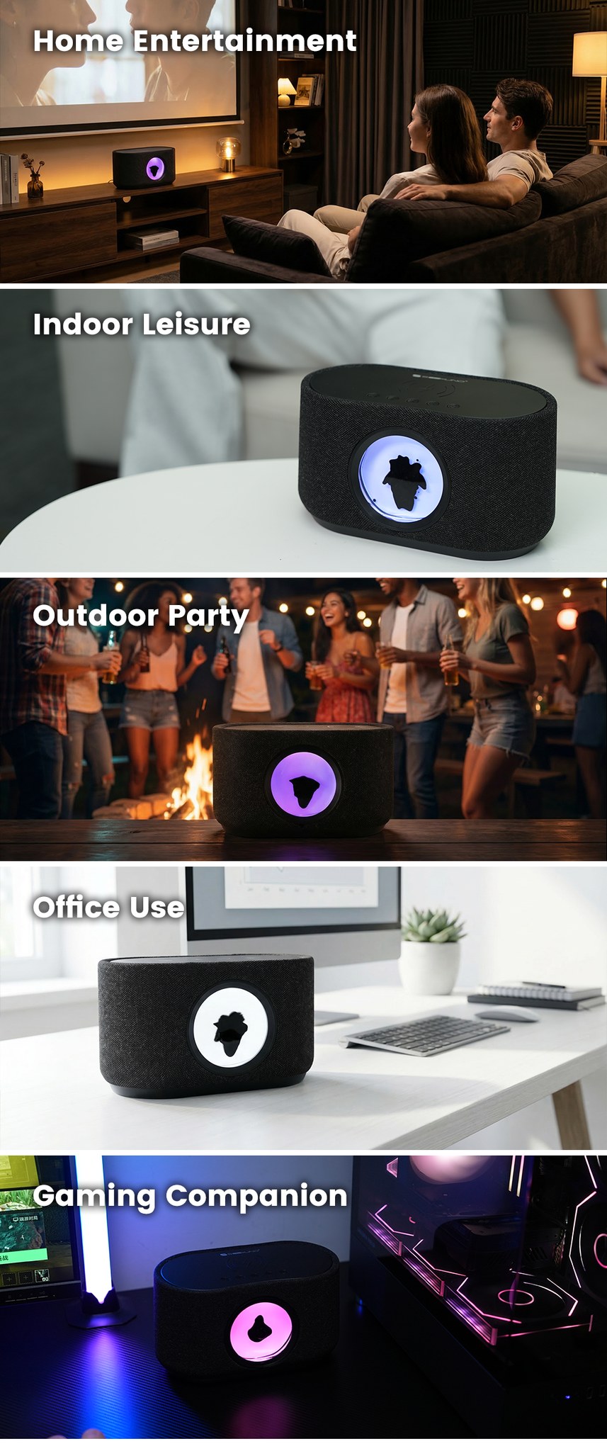 SoundFlux V2 ferrofluid speaker in home, office, outdoor and gaming desk setups