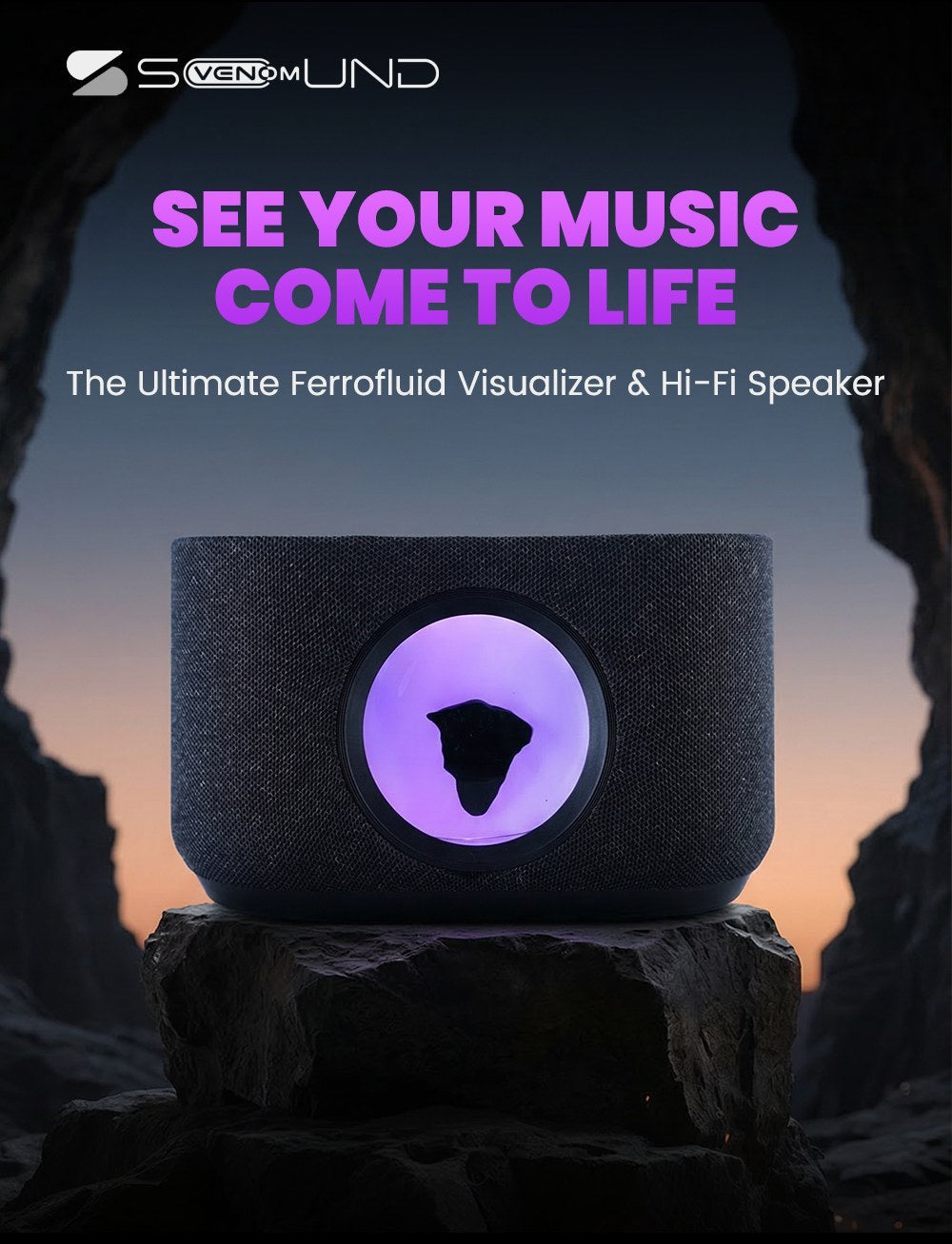 SoundFlux V2 ferrofluid Bluetooth speaker with 15W wireless charging, black fabric body