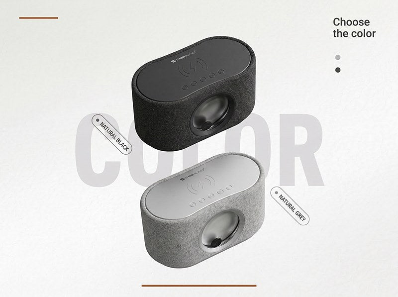 SoundFlux V2 ferrofluid speaker colors: Natural Black and Natural Grey woven fabric