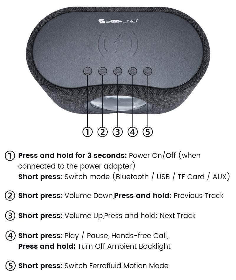 SoundFlux V2 physical button controls: power, volume, play, calls and ferrofluid motion mode