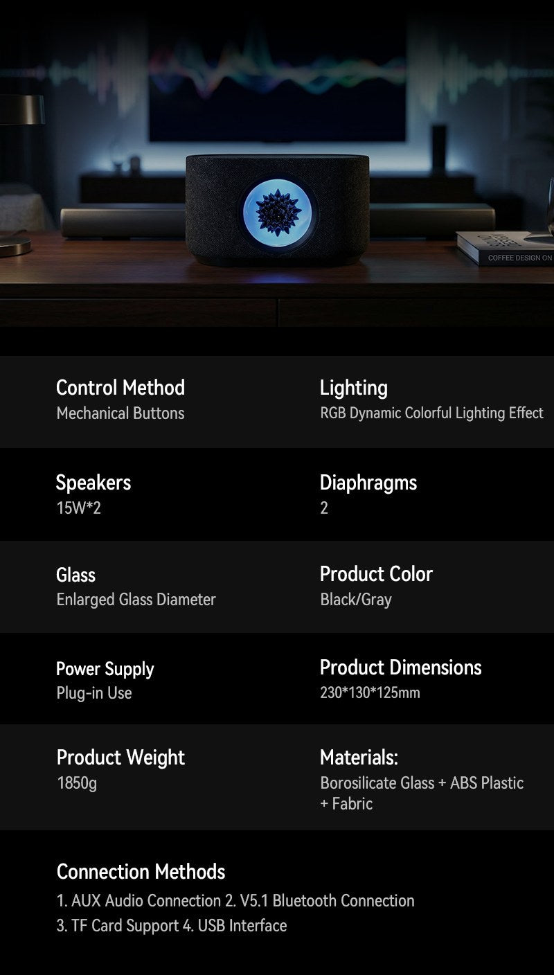 SoundFlux V2 ferrofluid speaker specifications: 30W audio, 15W charging, Bluetooth 5.1, dimensions
