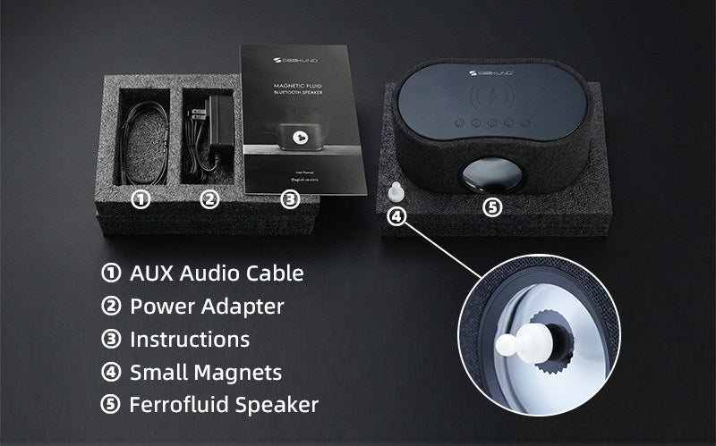 SoundFlux V2 box contents: speaker, adapter, AUX cable, manual and ferrofluid play magnets